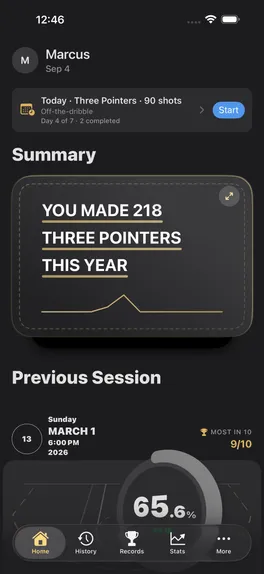 Home: this year's three-pointer total, the last session and a live accuracy ring