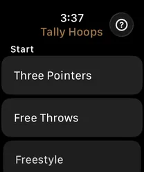 Apple Watch start screen: Three Pointers, Free Throws and Freestyle