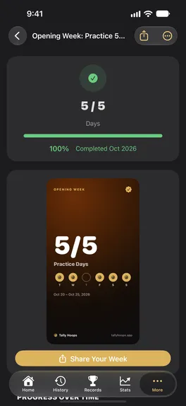 Opening Week Goal: five of five practice days done, with the shareable week card