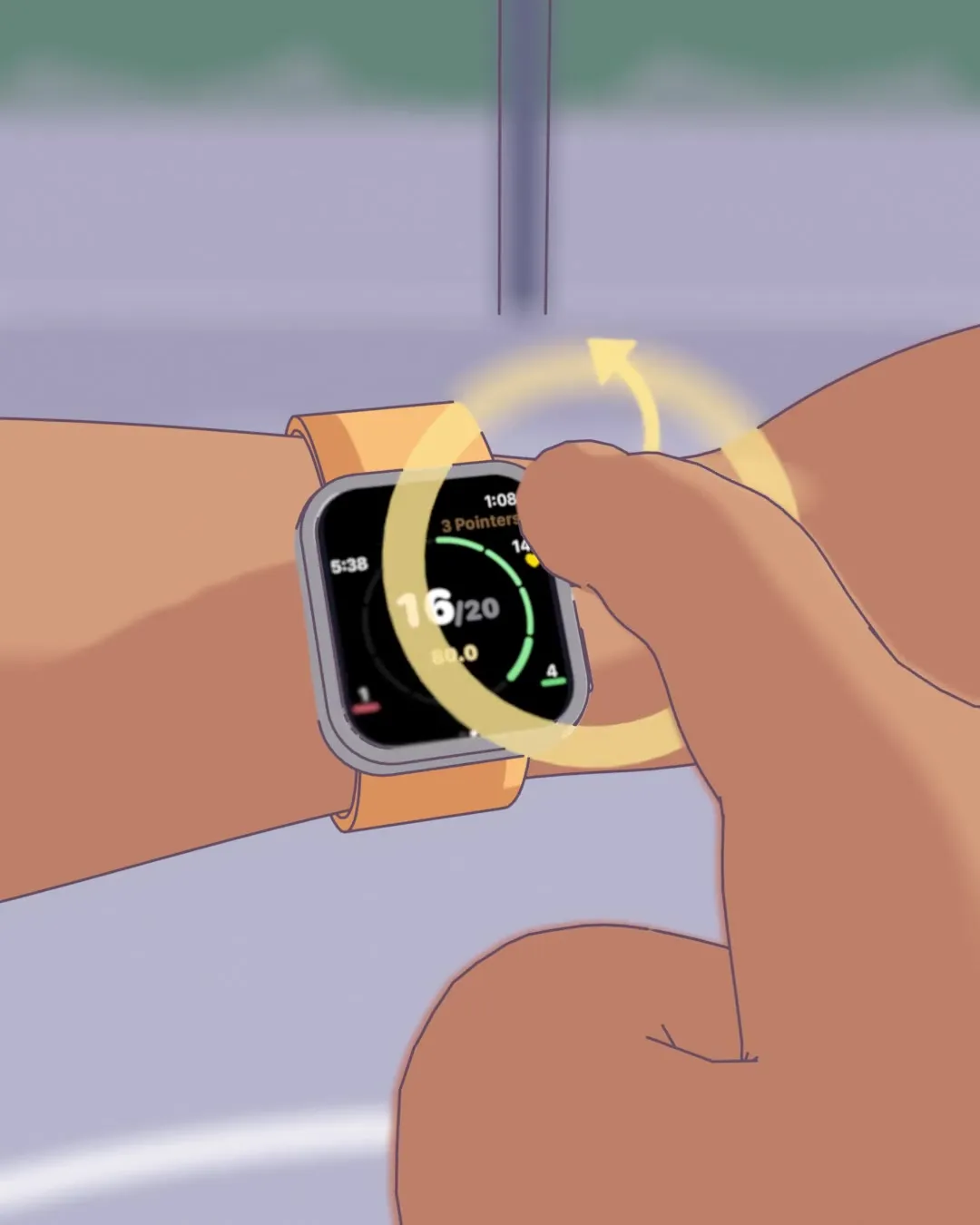Animation from the shooter's point of view: the shot goes in, the wrist comes up, and a finger rolls the Apple Watch's Digital Crown to log the make.