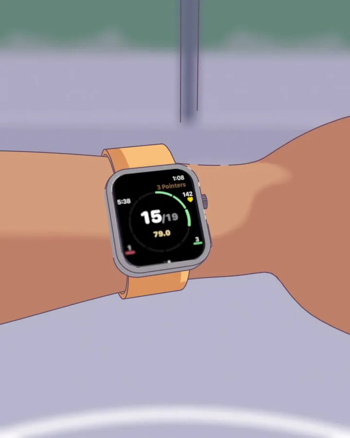 First-person animation: the shot bounces off the rim, and a finger rolls the Digital Crown down. The watch goes from 15 of 19 to 15 of 20.