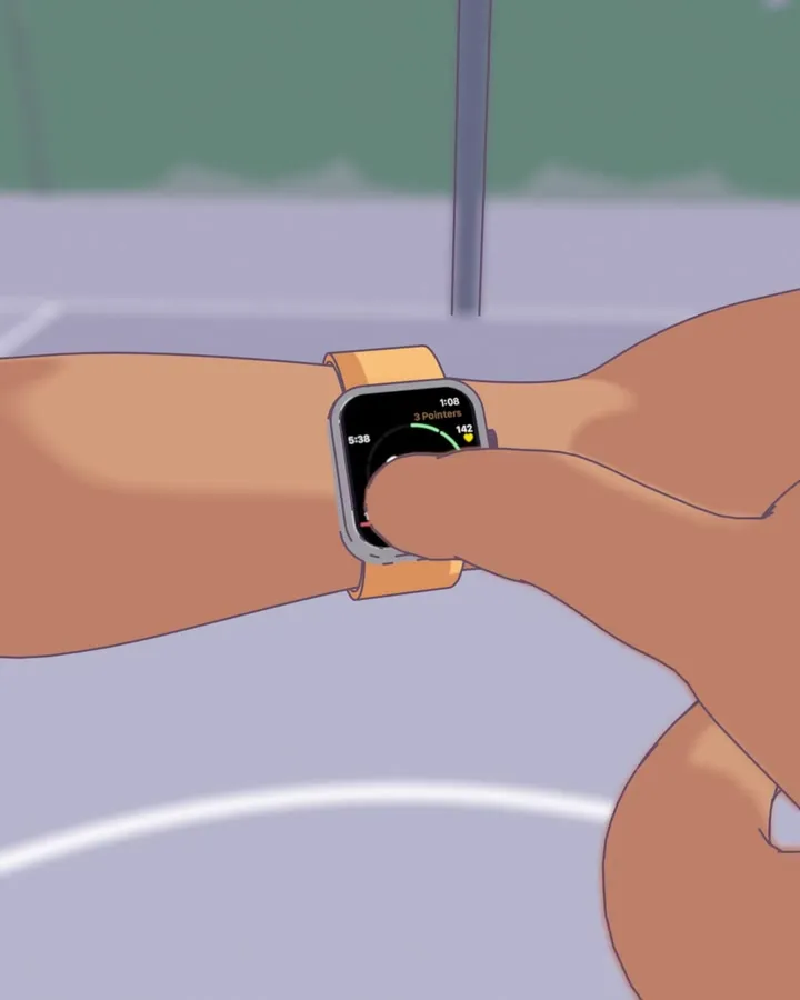 First-person animation: the shot bounces off the rim, and a finger presses and holds the watch screen while a ring fills. The watch goes from 15 of 19 to 15 of 20.