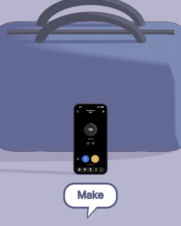 First-person animation: the shot swishes; an iPhone leaning on a gym bag hears “Make” and Assist Mode goes from 15 of 19 to 16 of 20.