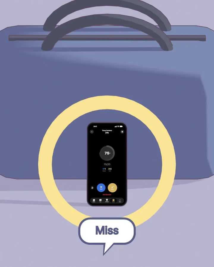 First-person animation: the shot misses; the iPhone hears “Miss” and Assist Mode goes from 15 of 19 to 15 of 20.